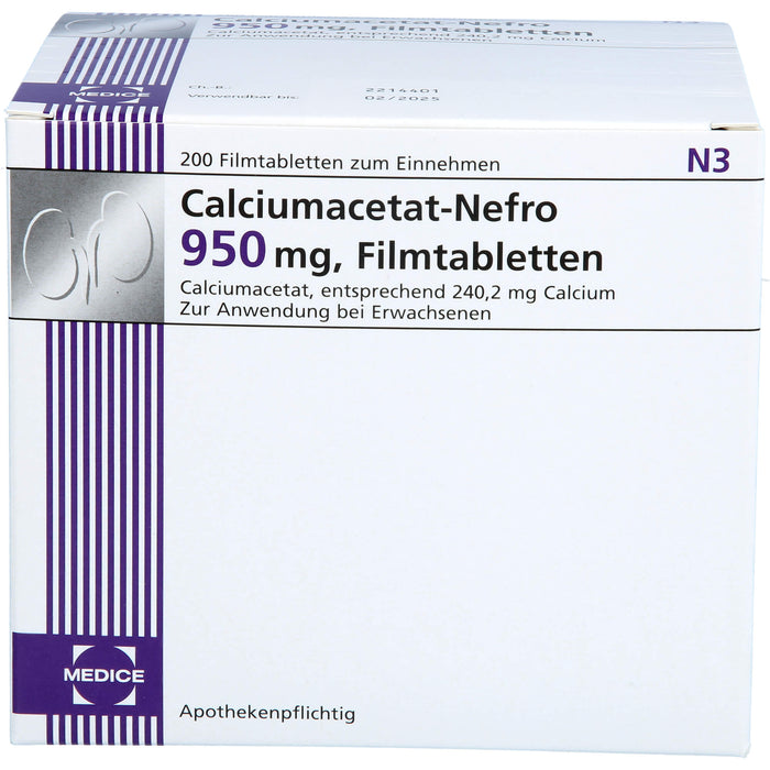 MEDICE Calciumacetat-Nefro 950 mg Filmtabletten zur Phosphatsenkung bei erhöhten Serumphosphatwerten, 200 St. Tabletten