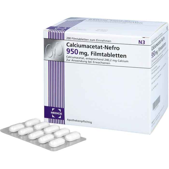 MEDICE Calciumacetat-Nefro 950 mg Filmtabletten zur Phosphatsenkung bei erhöhten Serumphosphatwerten, 200 St. Tabletten