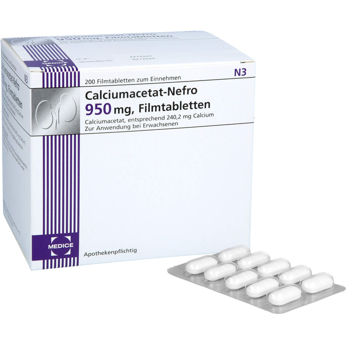 MEDICE Calciumacetat-Nefro 950 mg Filmtabletten zur Phosphatsenkung bei erhöhten Serumphosphatwerten, 200 St. Tabletten