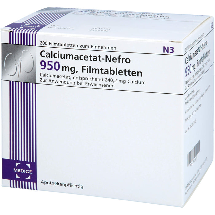 MEDICE Calciumacetat-Nefro 950 mg Filmtabletten zur Phosphatsenkung bei erhöhten Serumphosphatwerten, 200 St. Tabletten