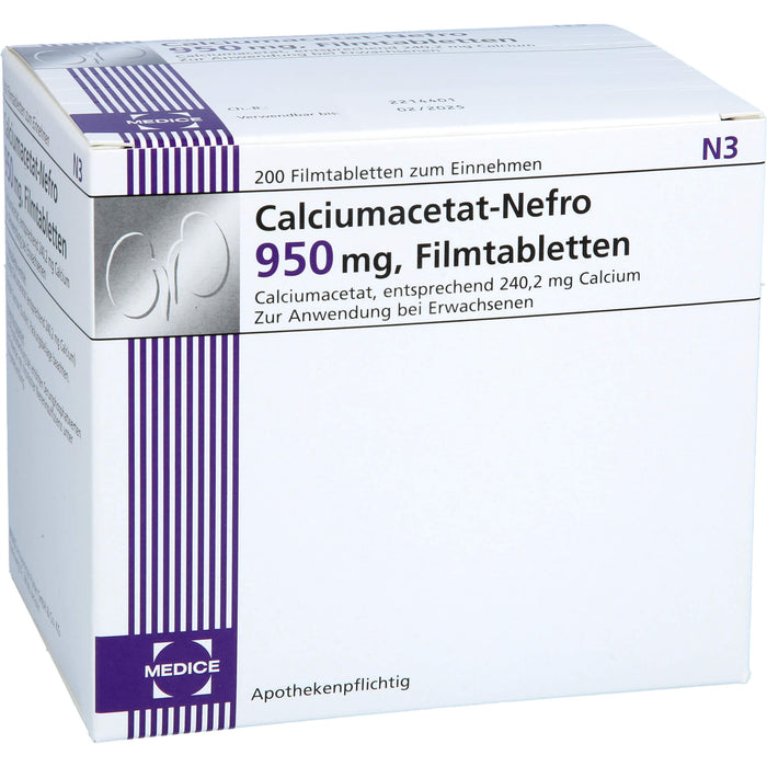 MEDICE Calciumacetat-Nefro 950 mg Filmtabletten zur Phosphatsenkung bei erhöhten Serumphosphatwerten, 200 St. Tabletten