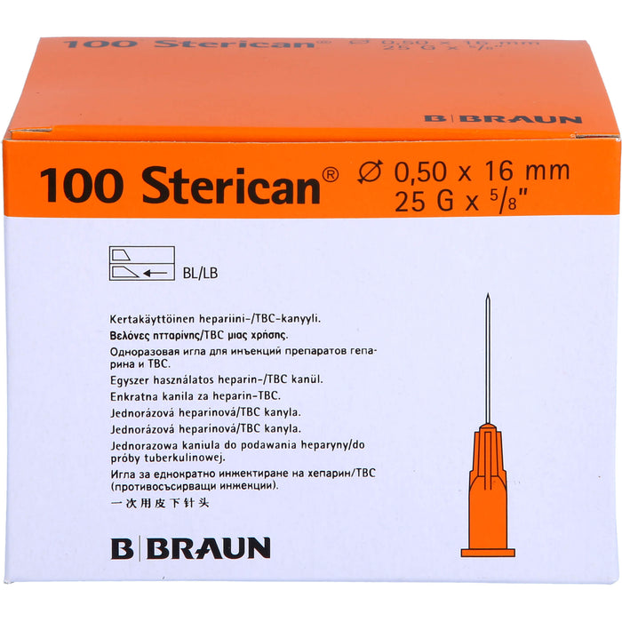 B. Braun 100 Sterican G25 x 5/8 Zoll 0,50 x 16 mm Einmal-Heparin/TBC-Kanüle  orange, 100 St. Kanülen