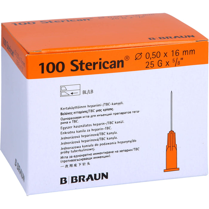 B. Braun 100 Sterican G25 x 5/8 Zoll 0,50 x 16 mm Einmal-Heparin/TBC-Kanüle  orange, 100 St. Kanülen