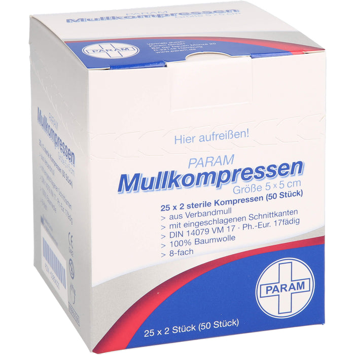 PARAM Mullkompressen 5 cm x 5 cm steril 8-fach, 50 St. Kompressen