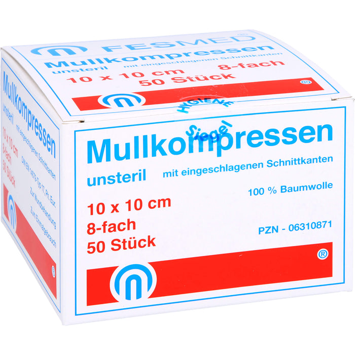 FESMED ES-Mullkompressen 10 x 10 cm 8fach unsteril mit eingeschlagenen Schnittkanten, 50 St. Kompressen