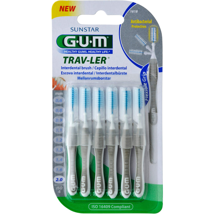 GUM TRAV-LER grau Kerze 2,0mm Interdental+6 Kappen, 5 St. Interdentalbürsten