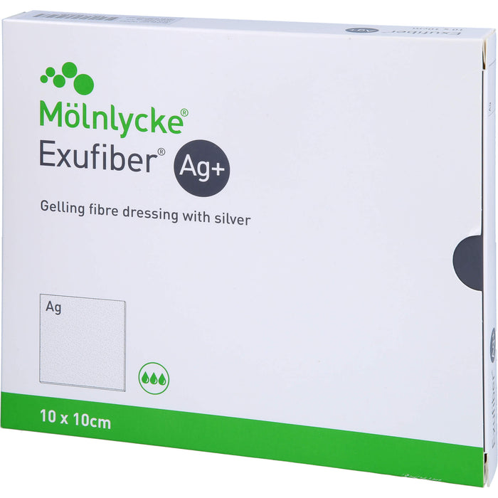 Mölnlycke Exufiber Ag+ 10 x 10 cm Gel-Faserverband mit Silber zur Versorgung stark exsudierender Wunden, 10 St. Verband