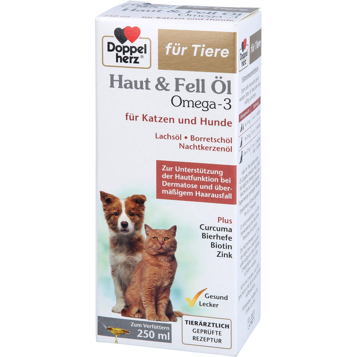 Doppelherz Haut & Fell Öl Omega 3 für Katzen + Hunde zur Unterstützung der Hautfunktion bei Dermatose und übermäßigem Haarausfall, 250 ml Lösung