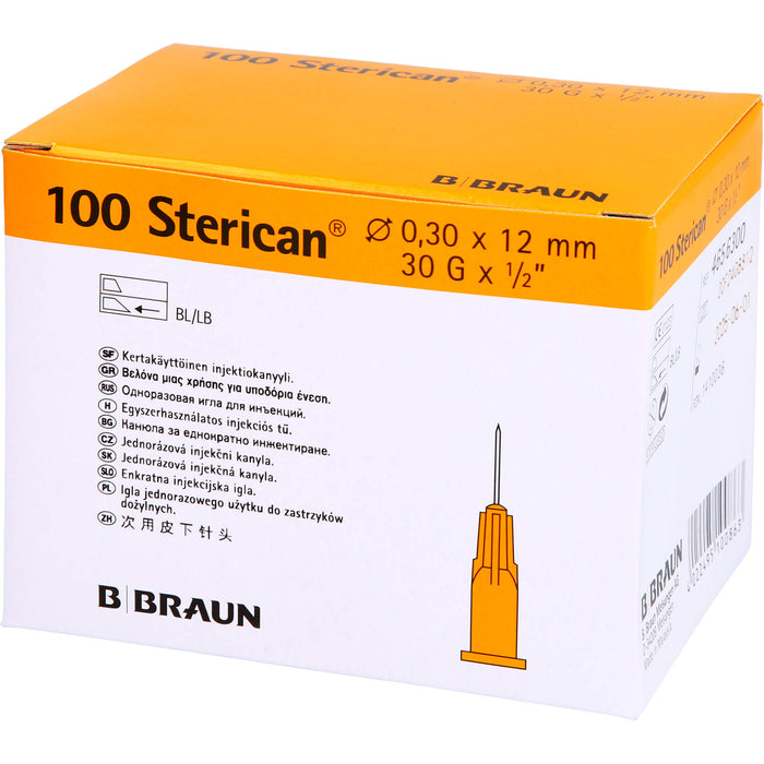 B. Braun 100 Sterican G30 x 1 1/2 Zoll 0,30 x 12 mm Einmal-Injektions-Kanüle gelb, 100 St. Kanülen