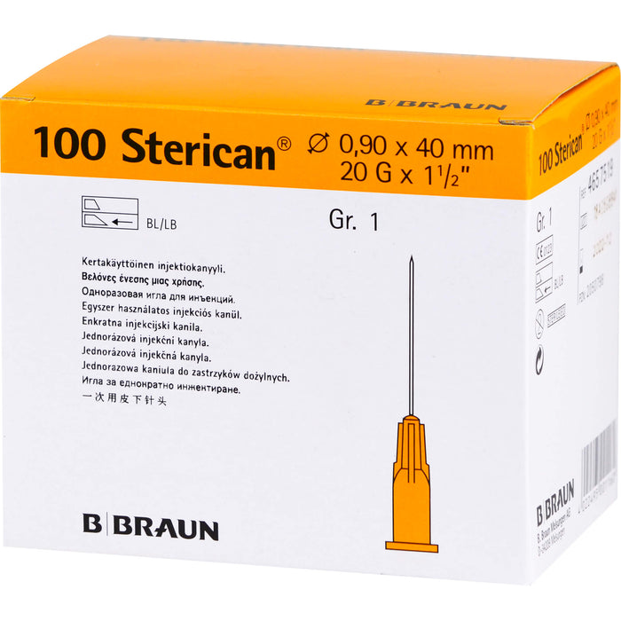 B. Braun 100 Sterican Gr. 1 G20 x 1 1/2 Zoll 0,90 x 40 mm Einmal-Injektions-Kanüle gelb, 100 St. Kanülen