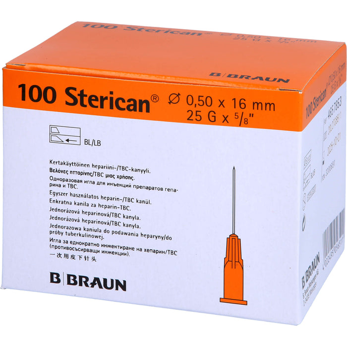 B. Braun 100 Sterican G25 x 5/8 Zoll 0,50 x 16 mm Einmal-Heparin/TBC-Kanüle  orange, 100 St. Kanülen