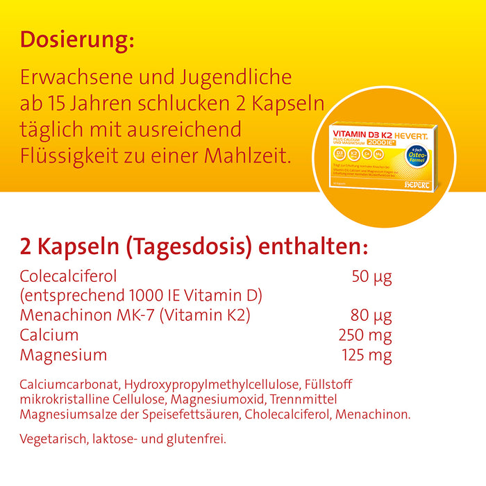 VITAMIN D3 K2 Hevert plus Ca Mg 2000 IE/2 Kapseln, 120 St. Kapseln