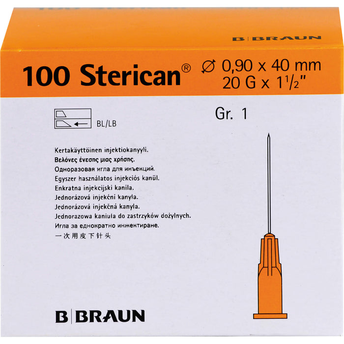 B. Braun 100 Sterican Gr. 1 G20 x 1 1/2 Zoll 0,90 x 40 mm Einmal-Injektions-Kanüle gelb, 100 St. Kanülen