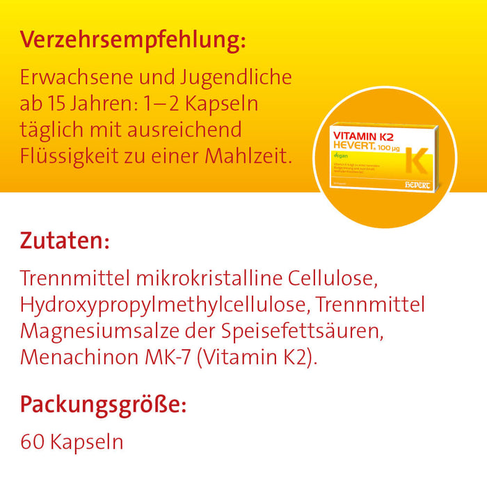 Vitamin K2 Hevert 100 µg für normale Knochen und Blutgerinnung, 60 St. Kapseln