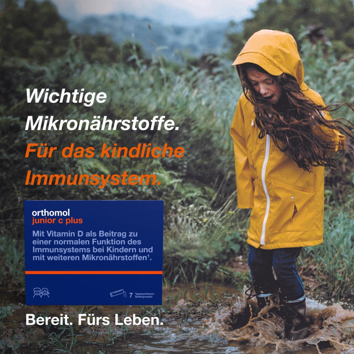 Orthomol junior C plus - mit Vitamin C als Beitrag zu einer normalen Funktion des Immunsystems - Himbeer/Limetten-Geschmack - Direktgranulat, 7 St. Tagesportionen